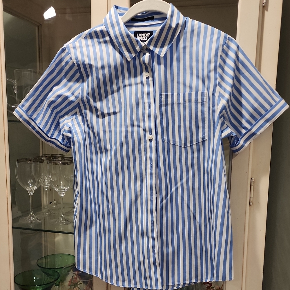 Lands' End Ladies Petite Blue and White Striped Shirt